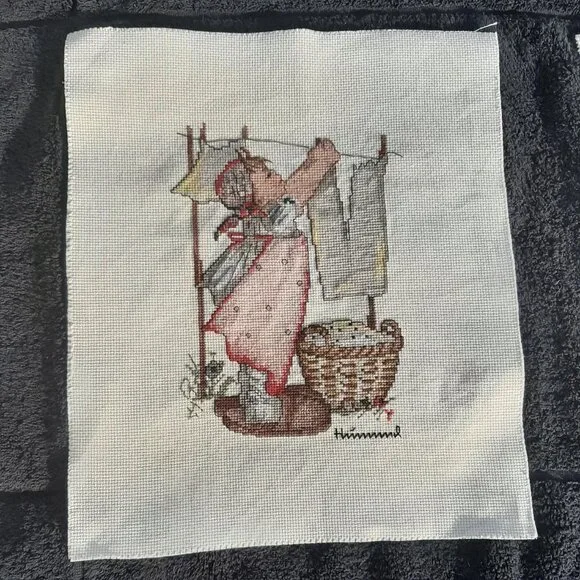 Finished Cross Stitch Signed Girl Hanging Laundry Completed 14" x 12" - Picture 2 of 4